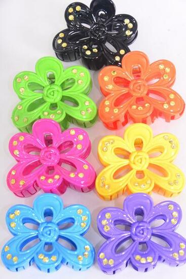 Jaw Clip Acrylic Flower Clear Stones / 12 pcs = Dozen Size - 3.5" x 2.5" Wide , 2 Black , 2 Fuchsia , 2 Blue , 2 Yellow , 2 Purple , 1 Orange , 1 Lime Color Asst , Hang Tag and OPP Bag & UPC Code -