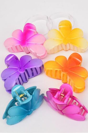 Jaw Clip Acrylic Flower Gradient Aloha / 12 pcs = Dozen  Size - 3.5" x 3" Wide , 2 Beige , 2 Fuchsia , 2 Pink , 2 Blue , 2 Orange , 2 Purple Color Asst , Hang tag and OPP Bag & UPC Code 