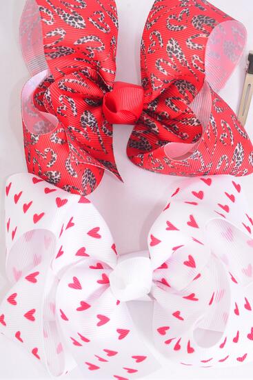 Hair Bow Jumbo Heart Pattern Mix Grosgrain Bow-tie / 12 pcs Bow Dozen Alligator Clip , Size - 6" x 5" Wide , 6 of each Pattern Asst , Clip Strip and UPC Code