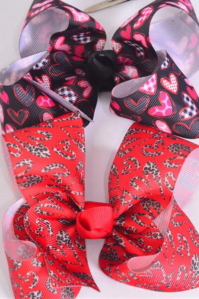 Hair Bow Jumbo Heart Mix Grosgrain Bow-tie / 12 pcs Bow = Dozen Alligator Clip , Size - 6" x 5" Wide , 6 of each Pattern , Clip Strip and UPC Code