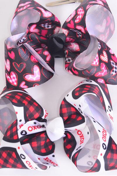 Hair Bow Jumbo Hug And Kiss Heart Plaid Mix Grosgrain Bow-tie / 12 pcs Bow = Dozen  Alligator Clip , Size - 6" x 5" Wide , 6 of Each Pattern , Clip Strip and UPC Code
