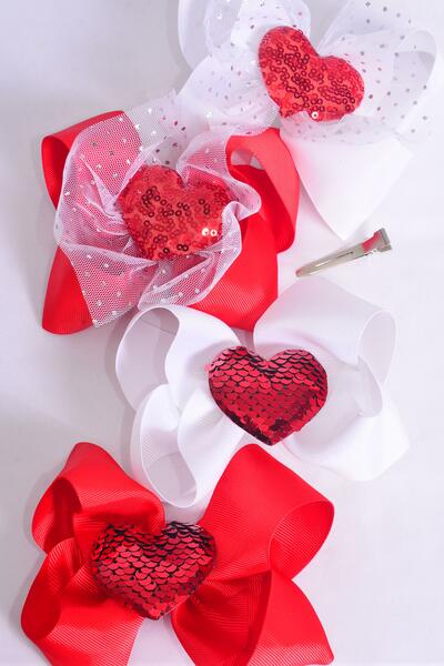 Hair Bow Jumbo Large Sequin Hearts Grosgrain Bow-tie Red White Mix / 12 pcs Bow = Dozen Alligator Clip , Size - 6"x 5" Wide , 3 Of Each Pattern Asst , Clip Strip and UPC Code