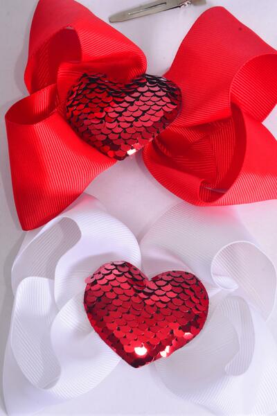 Hair Bow Jumbo Large Red Flip Sequin Puffy Heart Grosgrain Bow-tie / 12 pcs Bow = Dozen  Alligator Clip , Size - 6" x 5" Wide , 6 Red , 6 White Asst , Clip Strip & UPC Code