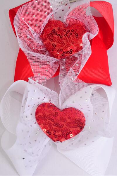 Hair Bow Jumbo Large Red Sequin Puffy  Heart Mesh Fabric Grosgrain Bow-tie / 12 pcs Bow = Dozen Alligator Clip , Size - 6" x 5" , 6 Red , 6 White Color Asst , Clip Strip & UPC Code