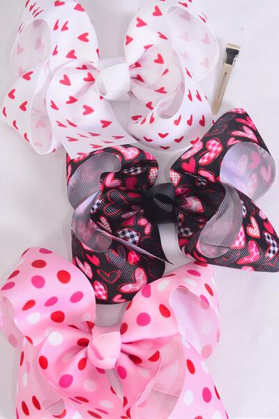 Hair Bow Jumbo Heart Polka dots  Mix Grosgrain Bow-tie / 12 pcs Bow = Dozen  Alligator Clip , Size - 6"x 5" Wide , 4 of each Pattern , Clip Strip & UPC Code