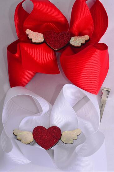 Hair Bow Jumbo Metallic Heart & Angel Wings Grosgrain Bow-tie / 12 pcs Bow = Dozen Alligator Clip , Size - 6" x 5" Wide , 6 of each Pattern Asst , Clip Strip & UPC Code