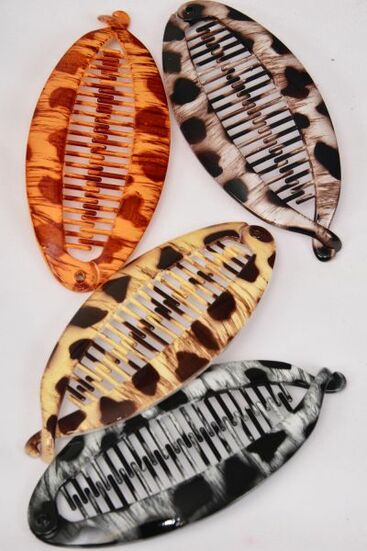 Fish Comb Acrylic Leopard Pattern Mix / 12 pcs = Dozen Size - 5.5" x 2.5" , 3 of each Pattern Asst , Hang Tag & Individual OPP Bag & UPC Code
