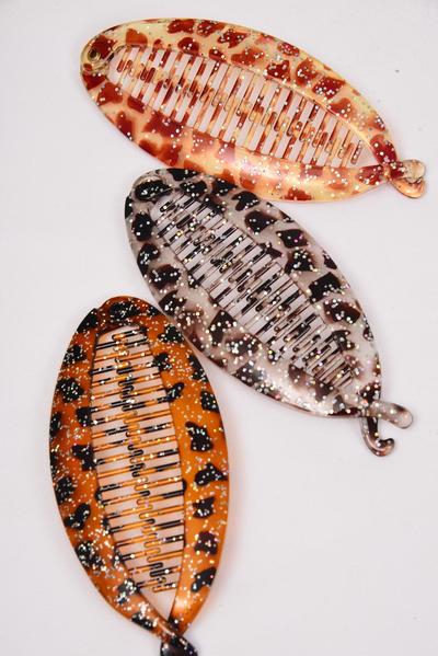 Fish Comb Acrylic Leopard Glitter Mix /  12pcs = Dozen Size-5.5"x 2.5", 4 of each Pattern Asst , Individual Hang Tag & OPP Bag & UPC Code