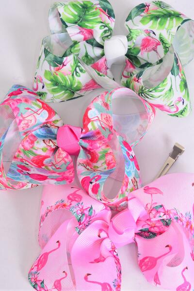 Hair Bow Jumbo Tropical Flamingo Grosgrain Bow-tie / 12 pcs Bow = Dozen Alligator Clip , Size - 6" x 5" Wide , 4 of each Pattern Asst , Clip Strip and UPC Code