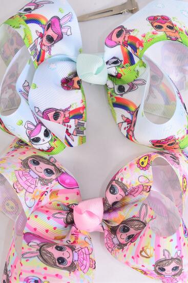 Hair Bow Jumbo LOL Doll Bunny Grosgrain Bowtie / 12 pcs = Dozen Alligator Clip , Size - 6" x 5", 6 Of each Pattern Asst , Clip Strip & UPC Code