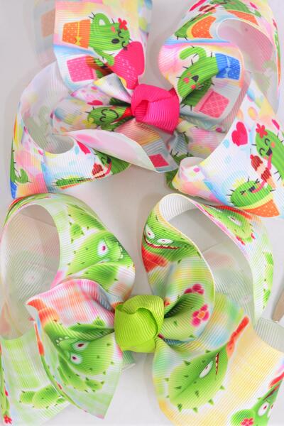 Hair Bow Jumbo Happy Cactus Grosgrain Bow-tie / 12 pcs Bow = Dozen Alligator Clip , Size - 6" x 5" Wide , 6 Of Each Pattern Asst , Clip Strip & UPC Code