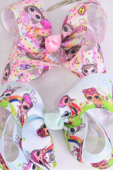 Hair Bow Jumbo LOL Doll Bunny Grosgrain Bowtie / 12 pcs = Dozen Alligator Clip , Size - 6" x 5", 6 Of each Pattern Asst , Clip Strip & UPC Code