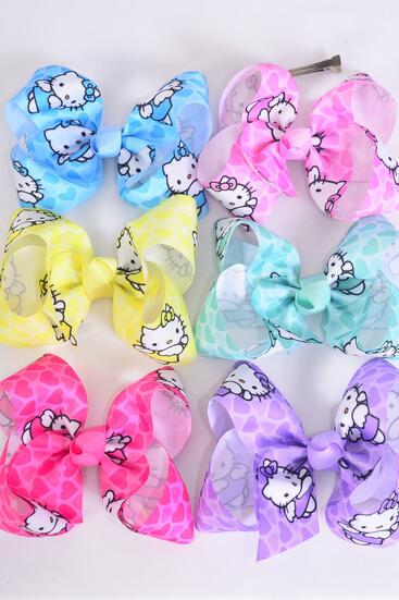 Hair Bow Jumbo Cute Kitty Heart Grosgrain Bow-tie Pastel / 12 pcs Bow = Dozen Alligator Clip , Size - 6" x 5" Wide , 2 Baby Pink , 2 Lavender , 2 Hot Pink , 2 Mint Green , 2 Blue , 2 Yellow Color Asst , Clip Strip and UPC Code