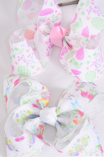 Hair Bow Jumbo Bunny Bird Flower Mix Grosgrain Bow-tie / 12 pcs Bow = Dozen  Alligator Clip , Size - 6" x 5" Wide , 6 Of each Pattern Asst , Clip Strip and UPC Code