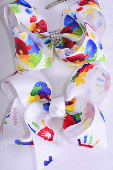 Hair Bow Jumbo Autism Grosgrain Bow-tie / 12 pcs Bow = Dozen  Alligator Clip , Size - 6" x 5" Wide , 6 Of each Pattern Asst , Clip Strip and UPC Code