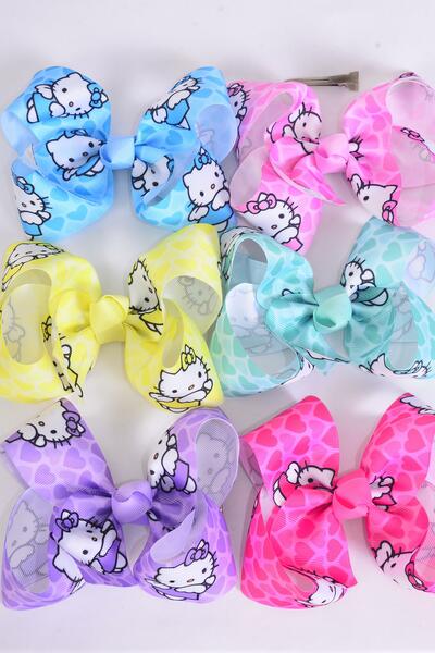 Hair Bow Jumbo Cute Kitty Heart Grosgrain Bow-tie Pastel / 12 pcs Bow = Dozen Alligator Clip , Size - 6" x 5" Wide , 2 Baby Pink , 2 Lavender , 2 Hot Pink , 2 Mint Green , 2 Blue , 2 Yellow Color Asst , Clip Strip and UPC Code