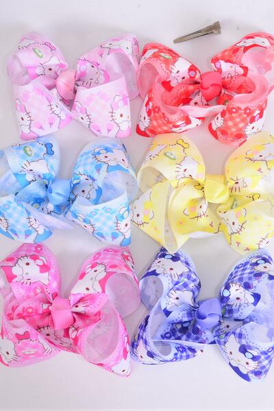 Hair Bow Jumbo Cute Kitty Plaid Grosgrain Bow-tie Pastel / 12 pcs Bow = Dozen Alligator Clip , Size - 6" x 5" Wide , 2 White , 2 Baby Pink , 2 Lavender , 2 Hot Pink , 2 Mint , 1 Blue , 1 Yellow Color Asst , Clip Strip & UPC Code