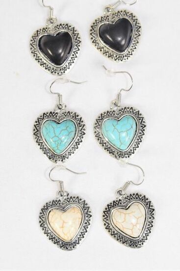 Earrings Metal Antique Heart Aztec Real Semiprecious Stone / 12 pair = Dozen Fish Hook , Size - 1.25" x 1.25" Wide , 4 Black , 4 Ivory , 4 Turquoise Asst , Earring Card and OPP Bag & UPC Code