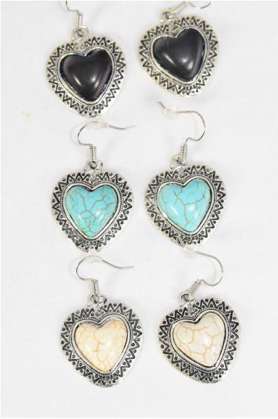 Earrings Metal Antique Heart Aztec Real Semiprecious Stone / 12 pair = Dozen Fish Hook , Size - 1.25" x 1.25" Wide , 4 Black , 4 Ivory , 4 Turquoise Asst , Earring Card and OPP Bag & UPC Code