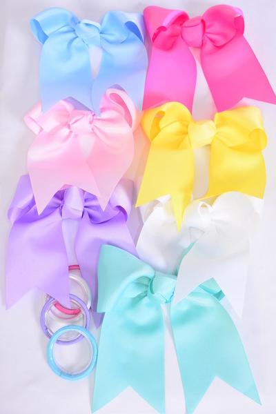 Hair Bow Extra Jumbo Long Tail Cheer Type Bow Pastel Elastic Grosgrain Bow-tie / 12 pcs Bow = Dozen Pastel , Elastic , Size-6.5"x 6" Wide ,2 White ,2 Pink ,2 Lavender ,2 Hot Pink ,2 Mint Green ,1 Blue ,1 Yellow Color Mix ,Clip Strip and UPC Code