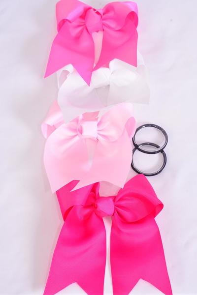 Hair Bow Extra Jumbo Long Tail Cheer Type Bow Pink Mix Elastic Grosgrain Bow-tie / 12 pcs Bow = Dozen Pink Mix , Elastic , Size - 6.5" x 6" Wide , 3 White , 3 baby Pink , 3 Hot Pink , 3 Fuchsia Color Asst , Clip Strip and UPC Code