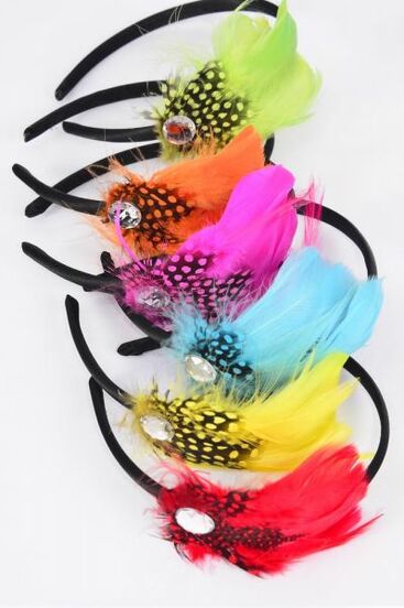 Headband Horseshoe Colorful Feathers /  12 pcs = Dozen Feather Size - 4" x 3" Wide , 2 Yellow , 2 Red , 2 Fuchsia , 2 Blue , 2 Orange , 1 Lime , 1 Purple Color Asst , Hang tag and UPC Code,W Clear Box
