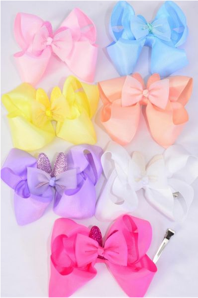 Hair Bow Jumbo Double Layered Easter Bunny Ears Grosgrain Bow-tie Pastel / 12 pcs Bow = Dozen Alligator Clip , Size - 6" x 5", 2 White , 2 Baby Pink , 2 Lavender , 2 Blue , 2 Yellow , 1 Peach, 1 Hot Pink Color Asst , Clip Strip and UPC Code