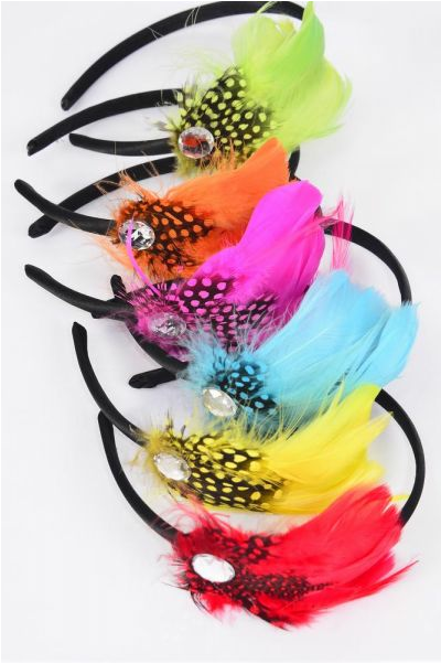 Headband Horseshoe Colorful Feathers /  12 pcs = Dozen Feather Size - 4" x 3" Wide , 2 Yellow , 2 Red , 2 Fuchsia , 2 Blue , 2 Orange , 1 Lime , 1 Purple Color Asst , Hang tag and UPC Code,W Clear Box