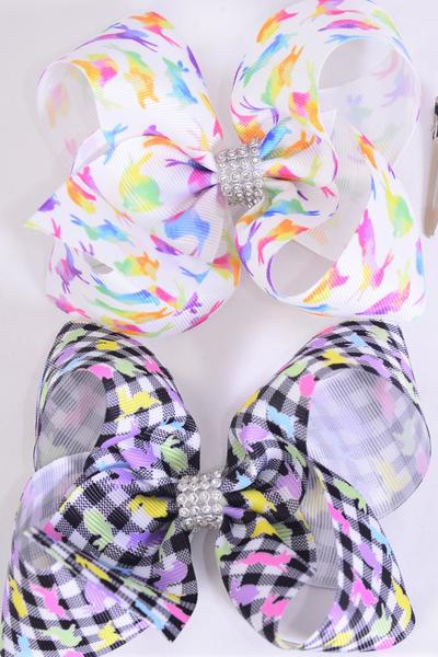 Hair Bow Jumbo Easter Bunny Grosgrain Bow-tie / 12 pcs Bow = Dozen Alligator Clip , Size - 6" x 5" Wide , 6 Of each Pattern Asst , Clip Strip and UPC Code