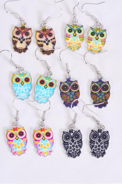 Earrings Owl Enamel Color Asst / 12 pair = Dozen match 25075 Fish Hook , 2 Of each Pattern Asst , Earring Card & OPP Bag and UPC Code