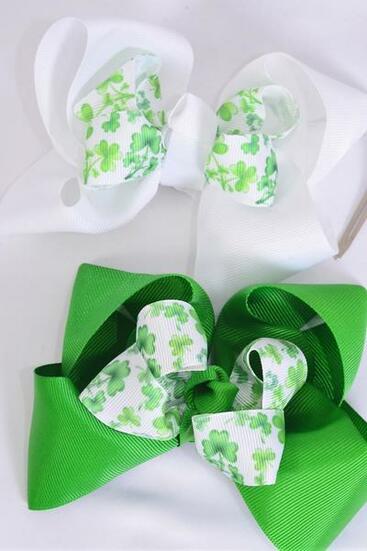 Hair Bow Jumbo Double Layered Bow Shamrock Grosgrain Bow-tie / 12 pcs Bow = Dozen Alligator Clip , Size - 6" x 5" Wide , 6 of each Pattern Asst , Clip Strip and UPC Code