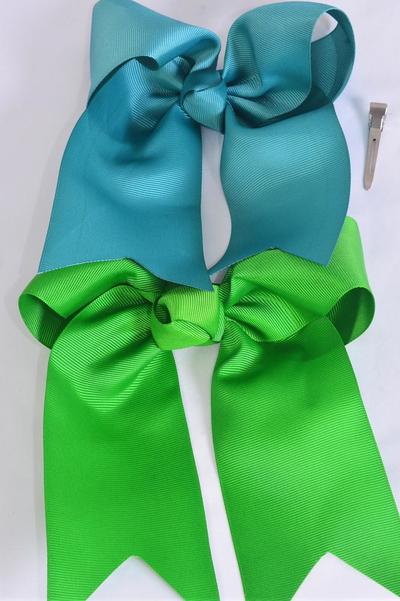 Hair Bow Extra Jumbo Long Tail Cheer Type Bow Kelly Green & Teal Green mix Grosgrain Bow-tie / 12 pcs Bow = Dozen Green Mix , Alligator Clip , Size - 6.5" x 6" Wide , 6 Jade Green , 6 Kelly Green Color Asst , Clip Strip and UPC Code