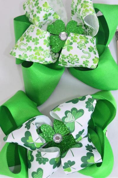 Hair Bow Jumbo Double Layered Shamrock Grosgrain Bow-tie / 12 pcs Bow = Dozen Alligator Clip , Size - 6" x 5" Wide , 6 of each Pattern Asst , Clip Strip and UPC Code
