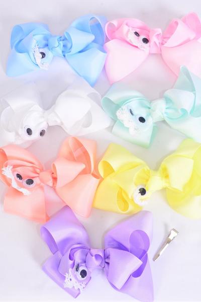 Hair Bow Jumbo Cute Seal W Googly Eyes Pastel Grosgrain Bow-tie / 12 pcs Bow = Dozen Alligator Clip , Size - 6" x 5", 2 White , 2 Pink , 2 Lavender , 2 Blue , 2 Yellow , 1 Peach , 1 Mint Color Asst , Clip Strip and UPC Code