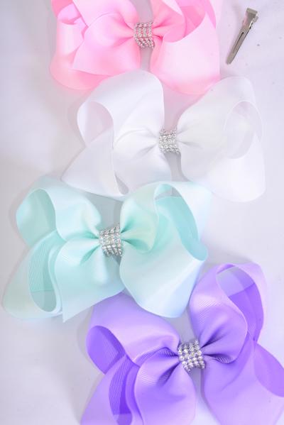 Hair Bow Jumbo Center Clear Stones Spring Breeze Grosgrain Bow-tie / 12 pcs Bow = Dozen Spring Breeze , Alligator Clip , Size - 6" x 5" Wide , 3 Lavender , 3 White , 3 Mint Green , 3 Baby Pink Color Asst , Clip Strip and UPC Code