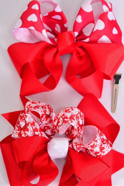Hair Bow Jumbo Hearts Grosgrain Bow-tie / 12 pcs Bow = Dozen  Alligator Clip , Size - 6" x 5" Wide , 6 of each Pattern Asst , Clip Strip and UPC Code