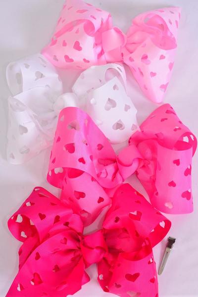 Hair Bow Extra Jumbo Cheer Type Bow Heart Pink Mix Grosgrain Bow-tie / 12 pcs Bow = Dozenw-tie /  Alligator Clip , Bow - 8" x 7" Wide , 3 Baby Pink , 3 Hot Pink ,3 Fuchsia , 3 White Mix , Clip Strip and UPC Code