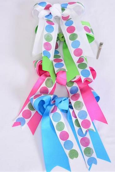 Hair Bow Long Tail Double Layered Lollipop Grosgrain Bow-tie Spring / 12 pcs Bow = Dozen Alligator Clip , Bow - 6.5" x 6" Wide , 3 Hot Pink , 3 White , 3 Turquoise , 3 Green Flash Color Asst , Clip Strip & UPC Code