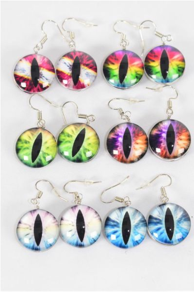 Earrings Dragon Eye Double Sided Glass Dome / 12 pair = Dozen  Fish Hook , Size - 0.75" Wide , 2 of each Design Asst , Earring Card & OPP Bag & UPC Code