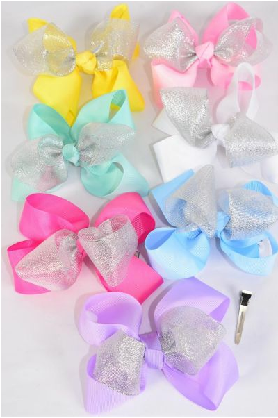 Hair Bow Jumbo Double Layered Silver Metallic Grosgrain Bowtie Pastel / 12 pcs Bow = Dozen Alligator Clip , Size - 6"x 5" Wide , 2 White, 2 Pink, 2 Yellow , 2 Lavender , 2 Blue , 1 Hot Pink , 1 Mint Color Mix , Clip Strip & UPC Code