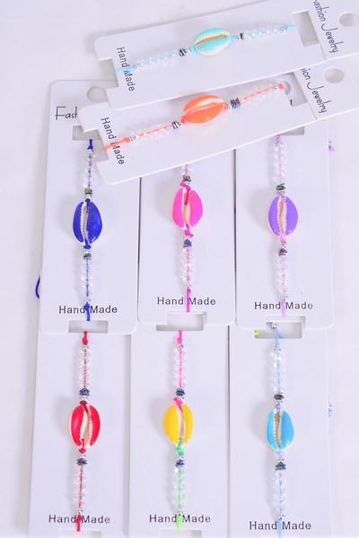 Bracelet Enamel Color Real Seashells / 12 Pcs = Dozen Pull- String , Adjustable , 12 Color Mix , Individual Hang tag & OPP Bag & UPC Code