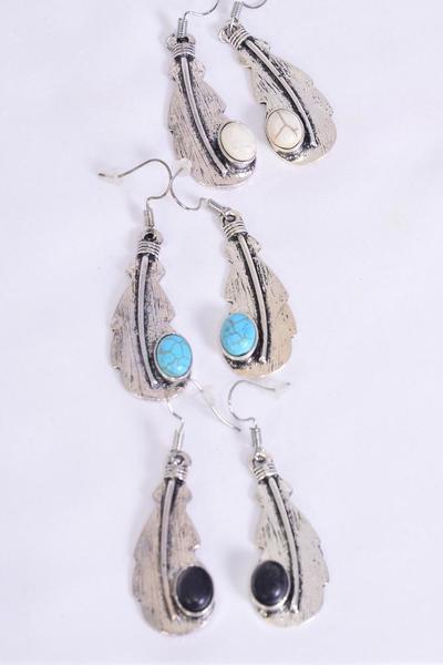 Earrings Metal Antique Feather Symbol Semiprecious Stone / 12 pair Flower = Dozen Fish Hook , Size -1.25" x 0.75" Wide , 4 Black , 4 Ivory , 4 Turquoise Asst , Earring Card & OPP Bag & UPC Code