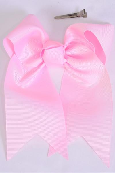 Hair Bow Extra Jumbo Long Tail Cheer Type Bow Baby Pink Grosgrain Bow-tie / 12 pcs Bow = Dozen Alligator Clip , Size - 6.5" x 6" Wide , Clip Strip & UPC Code