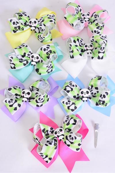 Hair Bow Jumbo Double Layered Panda Bear Charm Grosgrain Bow-tie Pastel / 12 pcs Bow = Dozen Alligator Clip , Size-6"x 6" Wide ,2 White ,2 Baby Pink ,2 Lavender ,2 Hot Pink ,2 Mint Green ,1 Blue ,1 Yellow Color Mix ,Clip Strip & UPC Code