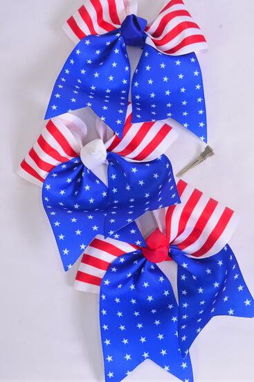 Hair Bow Extra Jumbo Long Tail Cheer Type Bow Patriotic Flag Grosgrain Bow-tie / 12 pcs Bow = Dozen Alligator Clip , Size - 6.5" x 6" Wide , 4 of each Pattern Asst , Clip Strip & UPC Code