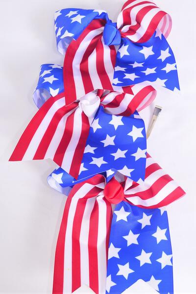 Hair Bow Extra Jumbo Long Tail Cheer Type Bow Patriotic Flag Grosgrain Bow-tie / 12 pcs Bow = Dozen Alligator Clip , Size - 6.5" x 6" Wide , 4 of Each Pattern Asst , Clip Strip & UPC Code