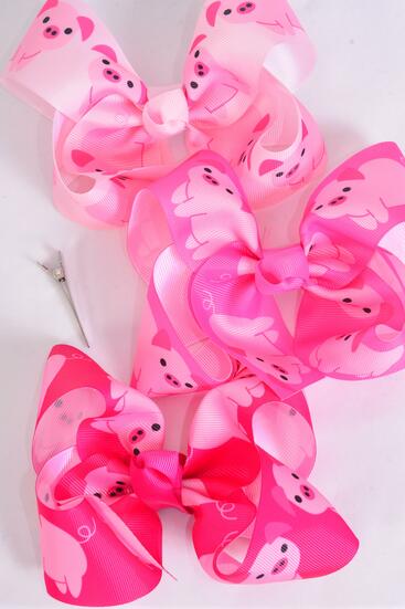 Hair Bow Jumbo Cute Farm Animals Piggy Grosgrain Bow-tie / 12 pca Bow = Dozen Alligator Clip , Bow - 6" x 5" Wide , 4 of each Pattern Asst , Clip Strip & UPC Code