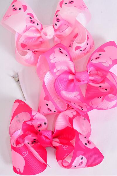 Hair Bow Jumbo Piggy Cute Farm Animal Grosgrain Bow-tie / 12 pca Bow = Dozen  Piggy , Alligator Clip , Bow - 6" x 5" Wide , 4 of each Pattern Asst , Clip Strip & UPC Code