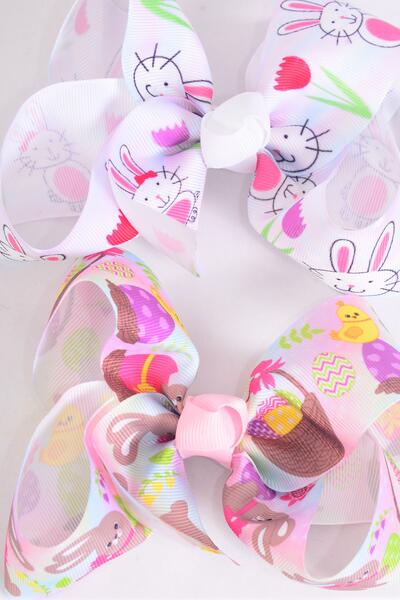 Hair Bow Jumbo Easter Bunny Chick Mix Grosgrain Bow-tie / 12 pcs Bow = Dozen  Alligator Clip , Size - 6" x 5" Wide , 6 Of each Pattern Asst , Clip Strip and UPC Code