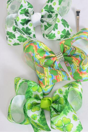 Hair Bow Jumbo Clover St Patrick&#039;s Day Grosgrain Bow-tie / 12 pcs Bow = Dozen Alligator Clip , Bow - 6" x 5" Wide , 4 Of Each Pattern Asst , Clip Strip and UPC Code